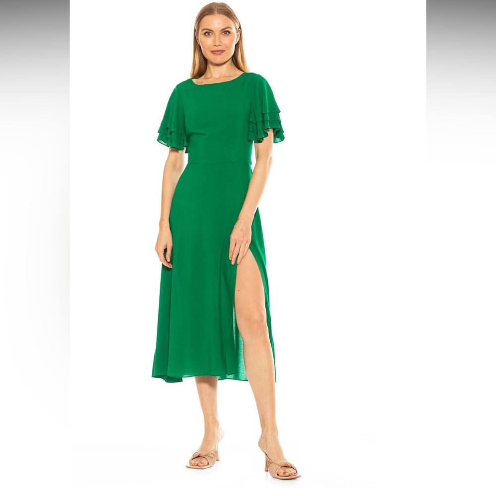 Alexia Admor Lilia Green Flutter Sleeve Midi Dress side slit w/Open back size 14